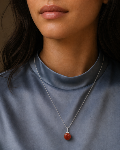 Red Rabbit Hair Quartz interchangeable pendant necklace, worn styling view