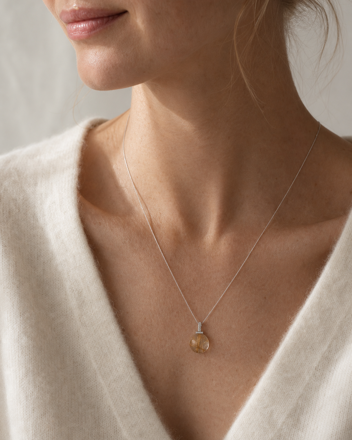 Golden Rutilated Quartz interchangeable pendant necklace, worn styling view