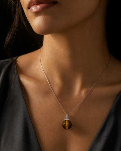 Yellow Tiger’s Eye interchangeable pendant necklace, worn styling view
