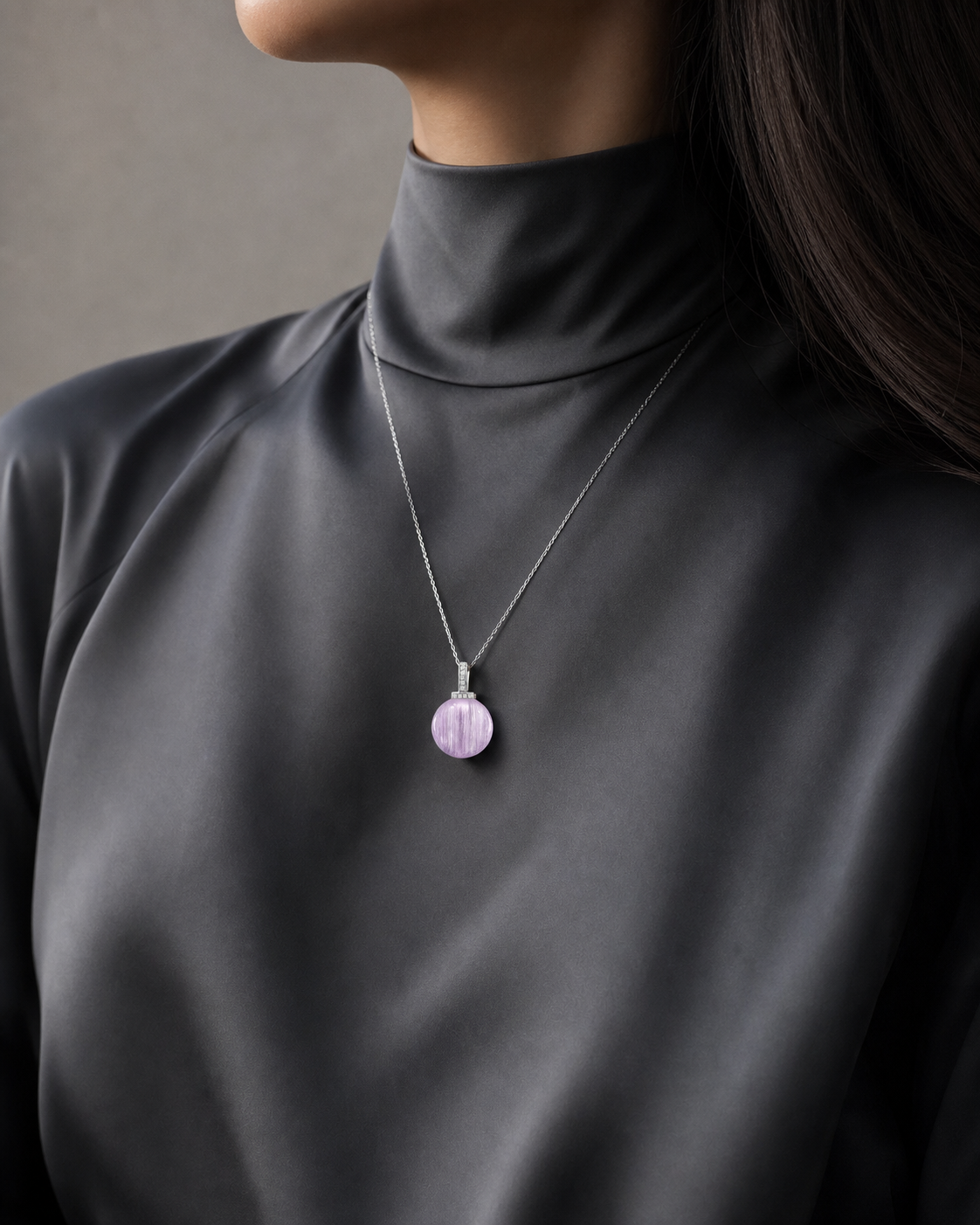 Kunzite interchangeable pendant necklace, worn styling view