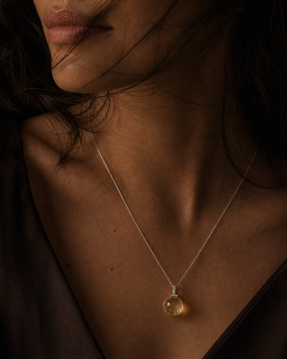 Citrine interchangeable pendant necklace, worn styling view