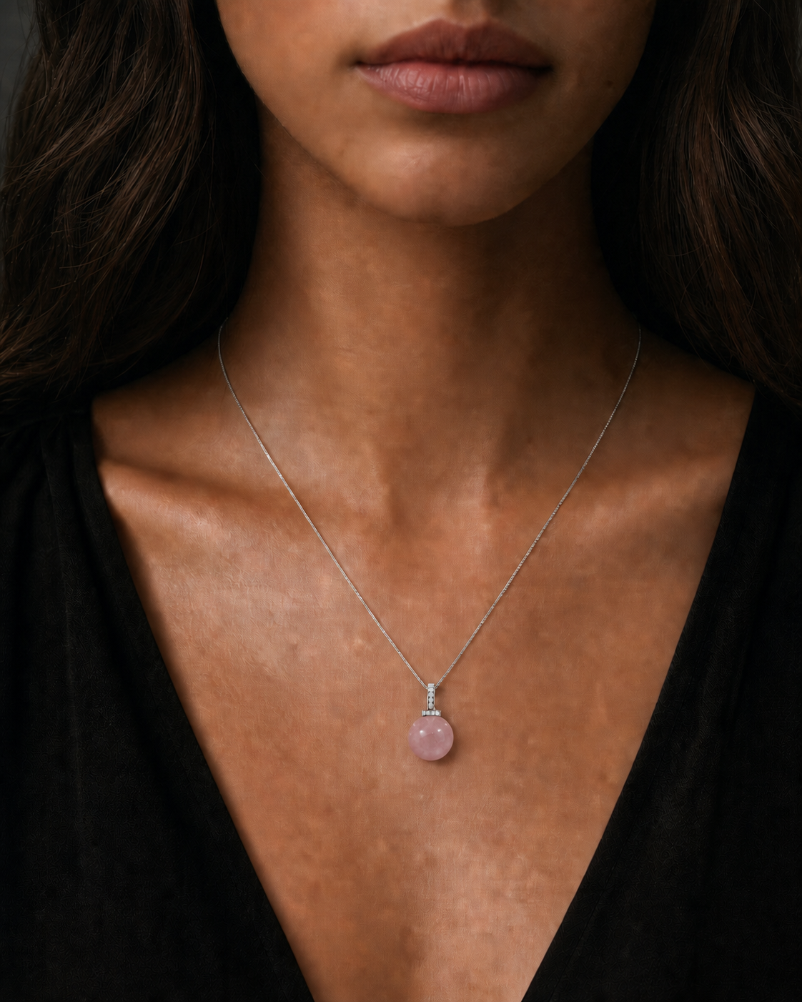 Rose Quartz interchangeable pendant necklace, worn styling view