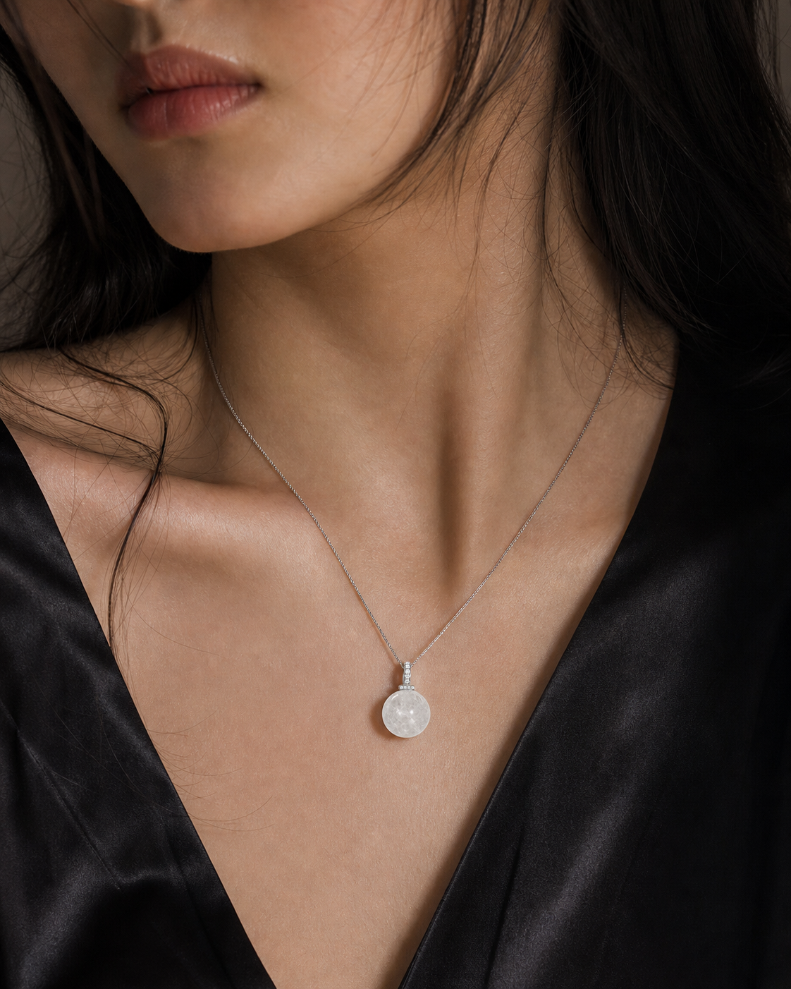 White Phantom Quartz interchangeable pendant necklace, worn styling view