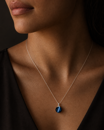 Blue Tiger’s Eye interchangeable pendant necklace, worn styling view