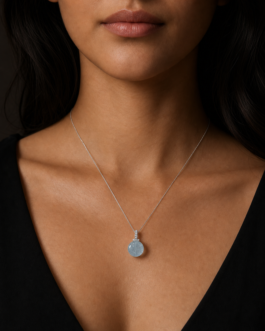 Aquamarine interchangeable pendant necklace, worn styling view