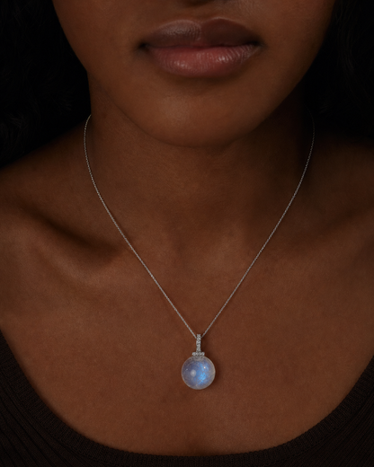 Blue Moonstone interchangeable pendant necklace, worn styling view
