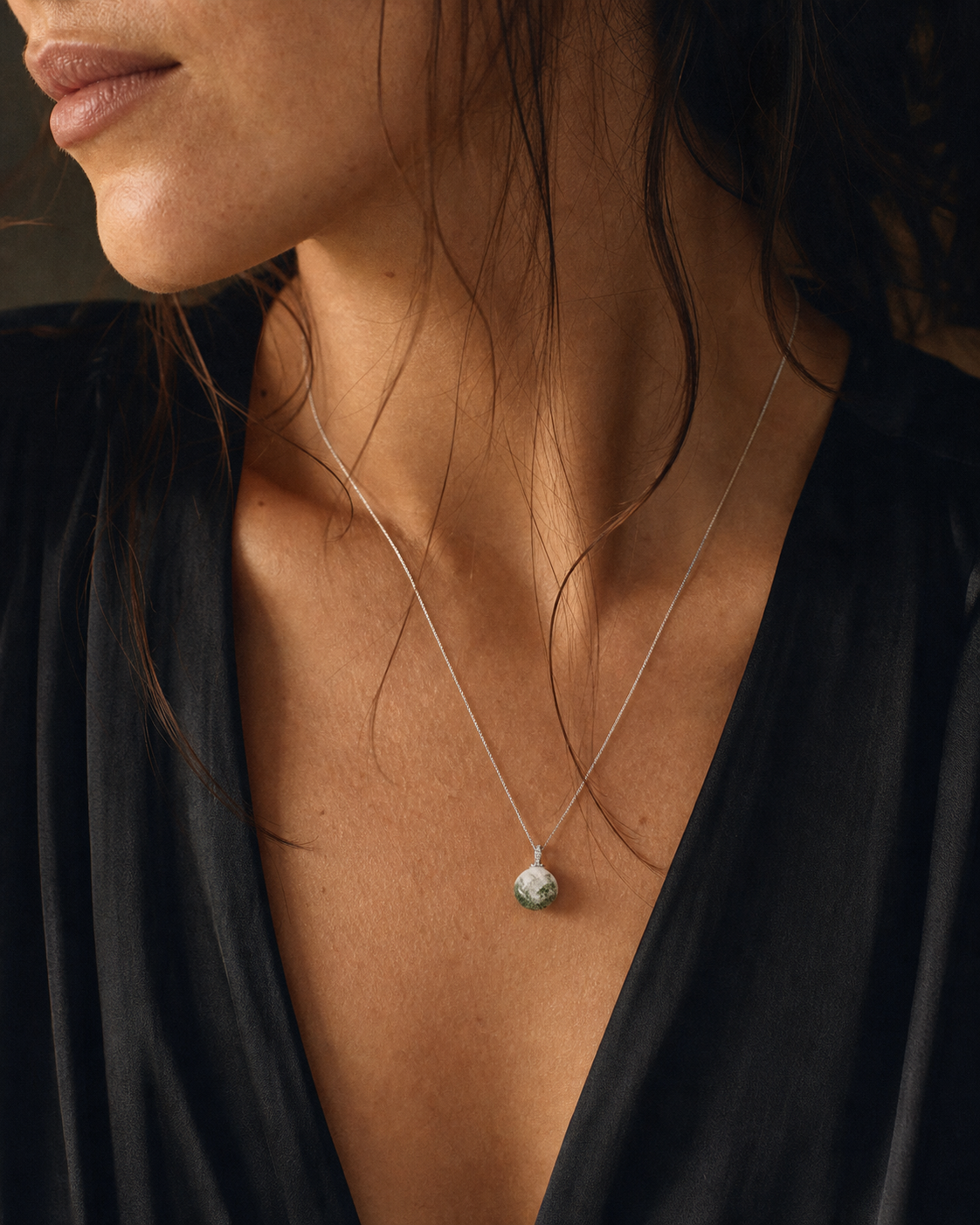 Green Phantom Quartz interchangeable pendant necklace, worn styling view