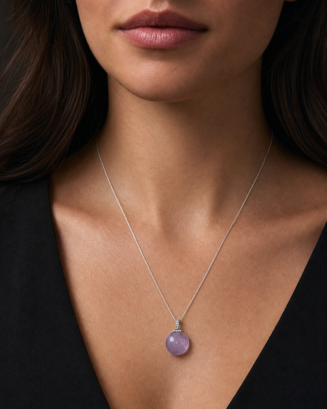 Bolivian Amethyst interchangeable pendant necklace, worn styling view