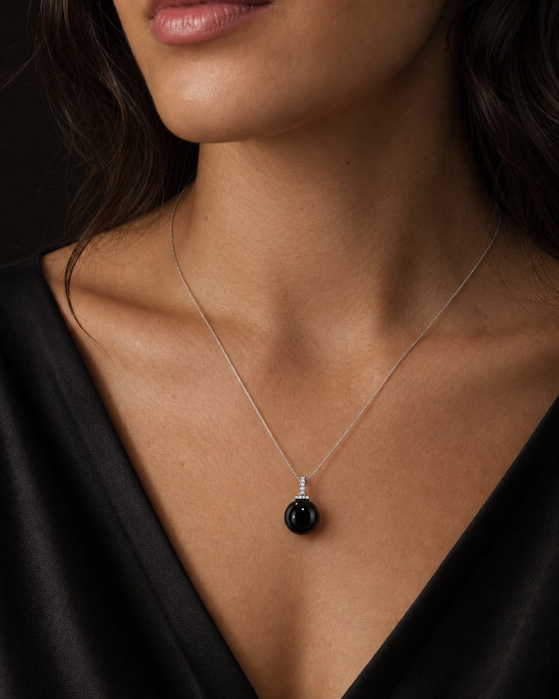 Black Obsidian interchangeable pendant necklace, worn styling view