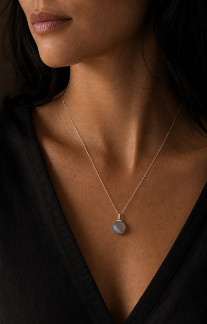 Gray Moonstone interchangeable pendant necklace, worn styling view
