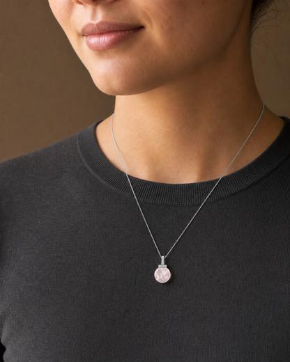 Snow Phantom Quartz interchangeable pendant necklace, worn styling view