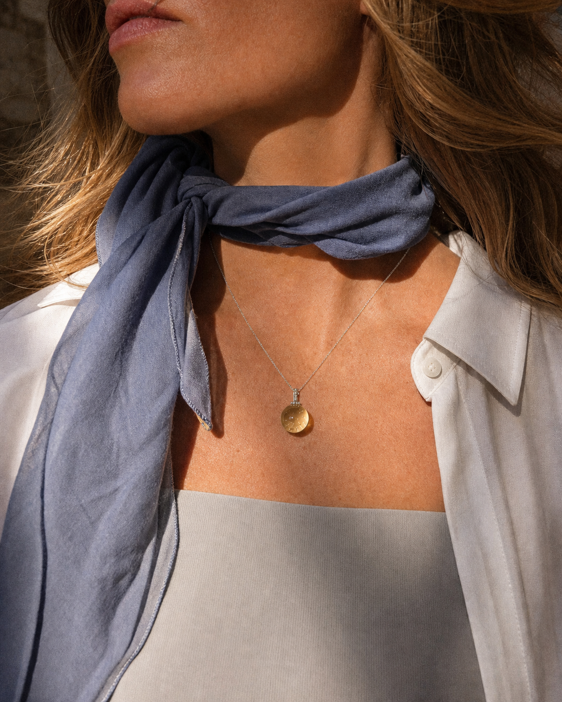 Citrine interchangeable pendant necklace, worn styling view
