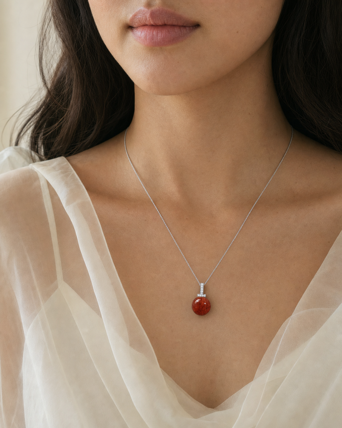 Red Rabbit Hair Quartz interchangeable pendant necklace, worn styling view