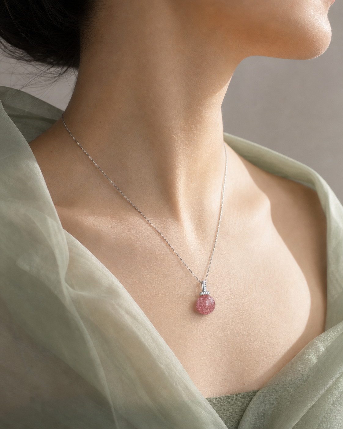 Strawberry Quartz interchangeable pendant necklace, worn styling view