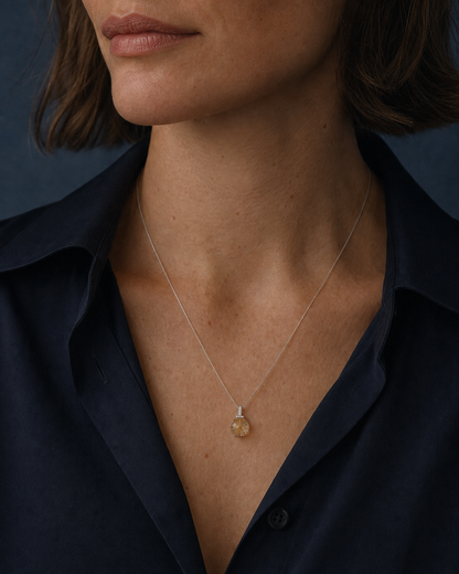 Golden Rutilated Quartz interchangeable pendant necklace, worn styling view