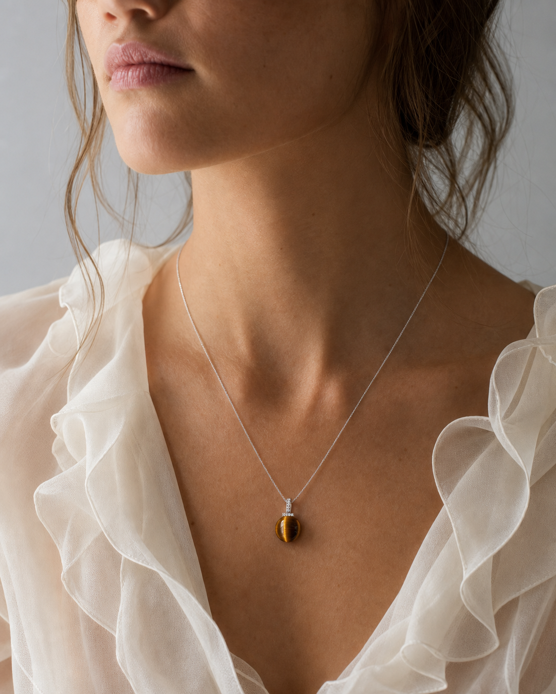 Yellow Tiger’s Eye interchangeable pendant necklace, worn styling view