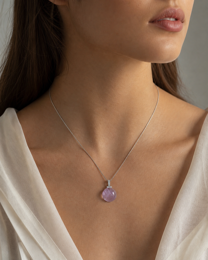 Bolivian Amethyst interchangeable pendant necklace, worn styling view