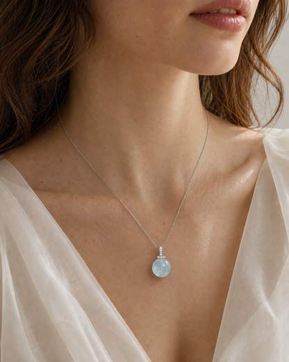 Aquamarine interchangeable pendant necklace, worn styling view