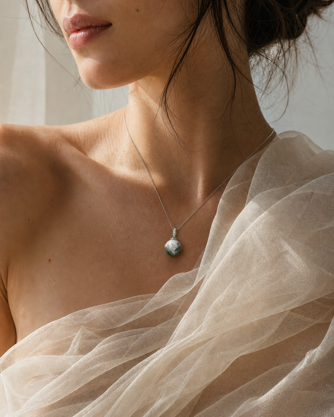 Green Phantom Quartz interchangeable pendant necklace, worn styling view