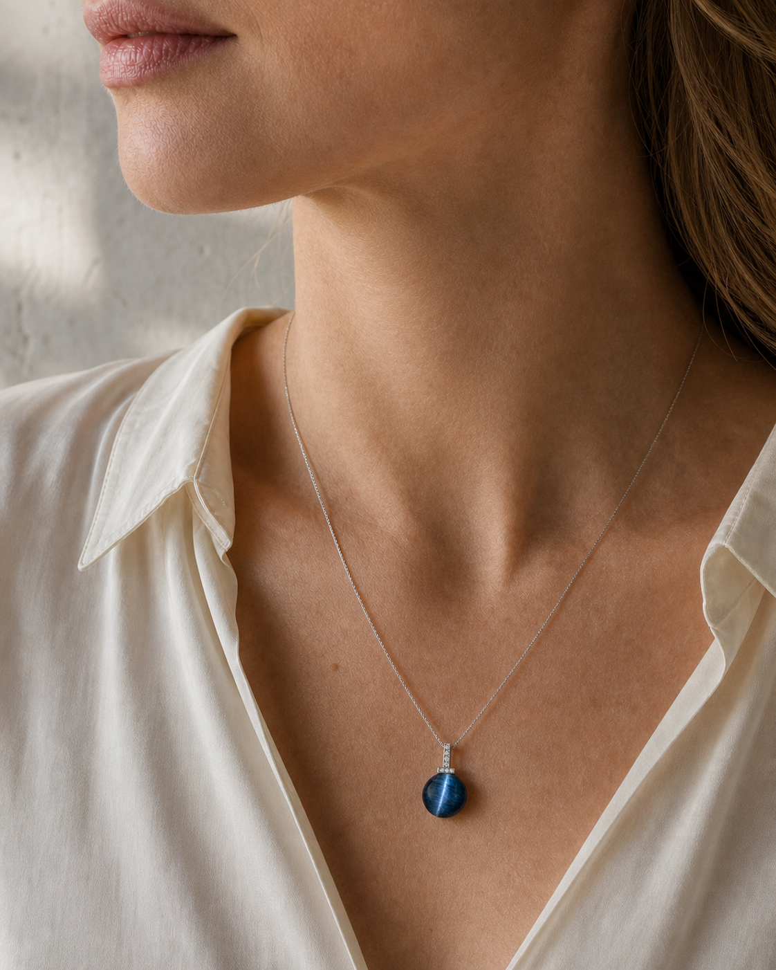Blue Tiger’s Eye interchangeable pendant necklace, worn styling view