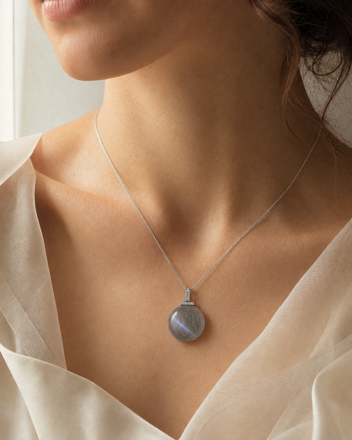 Gray Moonstone interchangeable pendant necklace, worn styling view