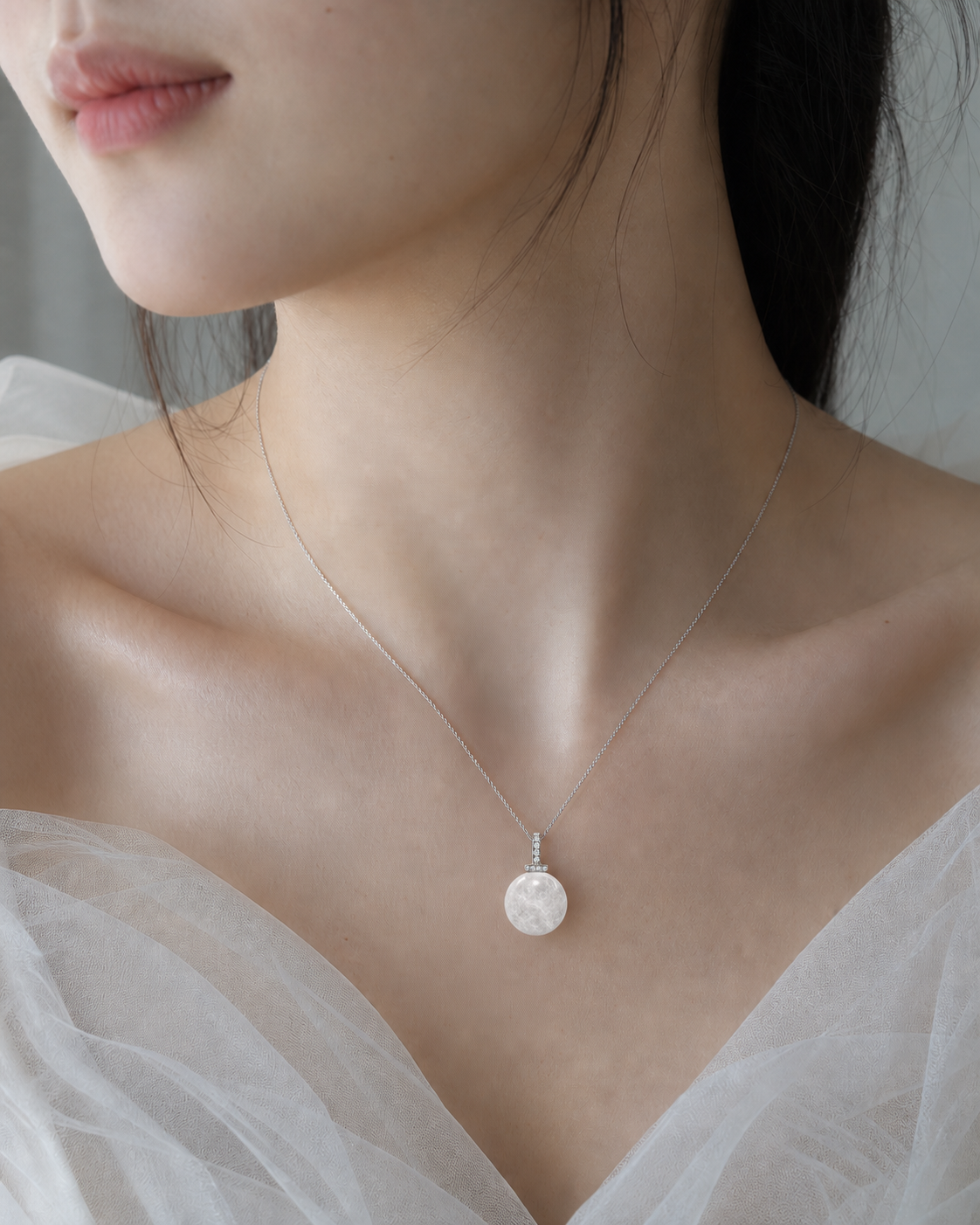 White Phantom Quartz interchangeable pendant necklace, worn styling view