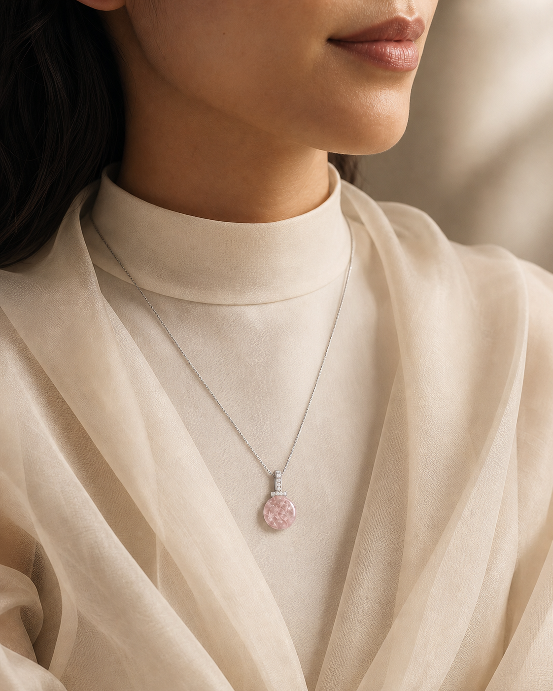 Snow Phantom Quartz interchangeable pendant necklace, worn styling view