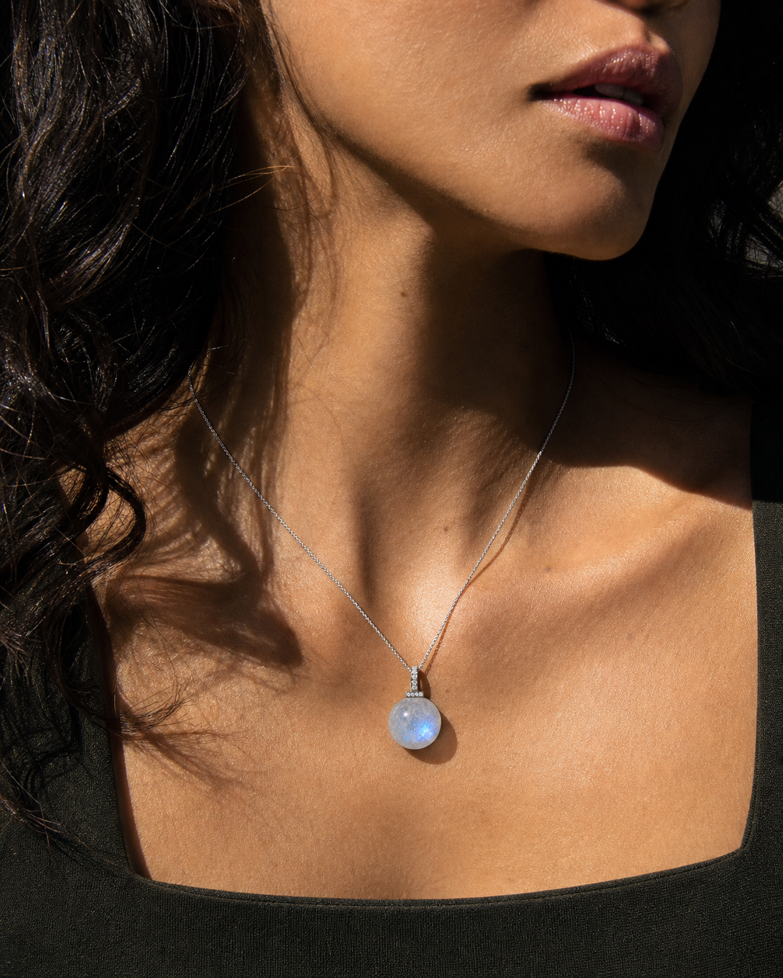 Blue Moonstone interchangeable pendant necklace, worn styling view