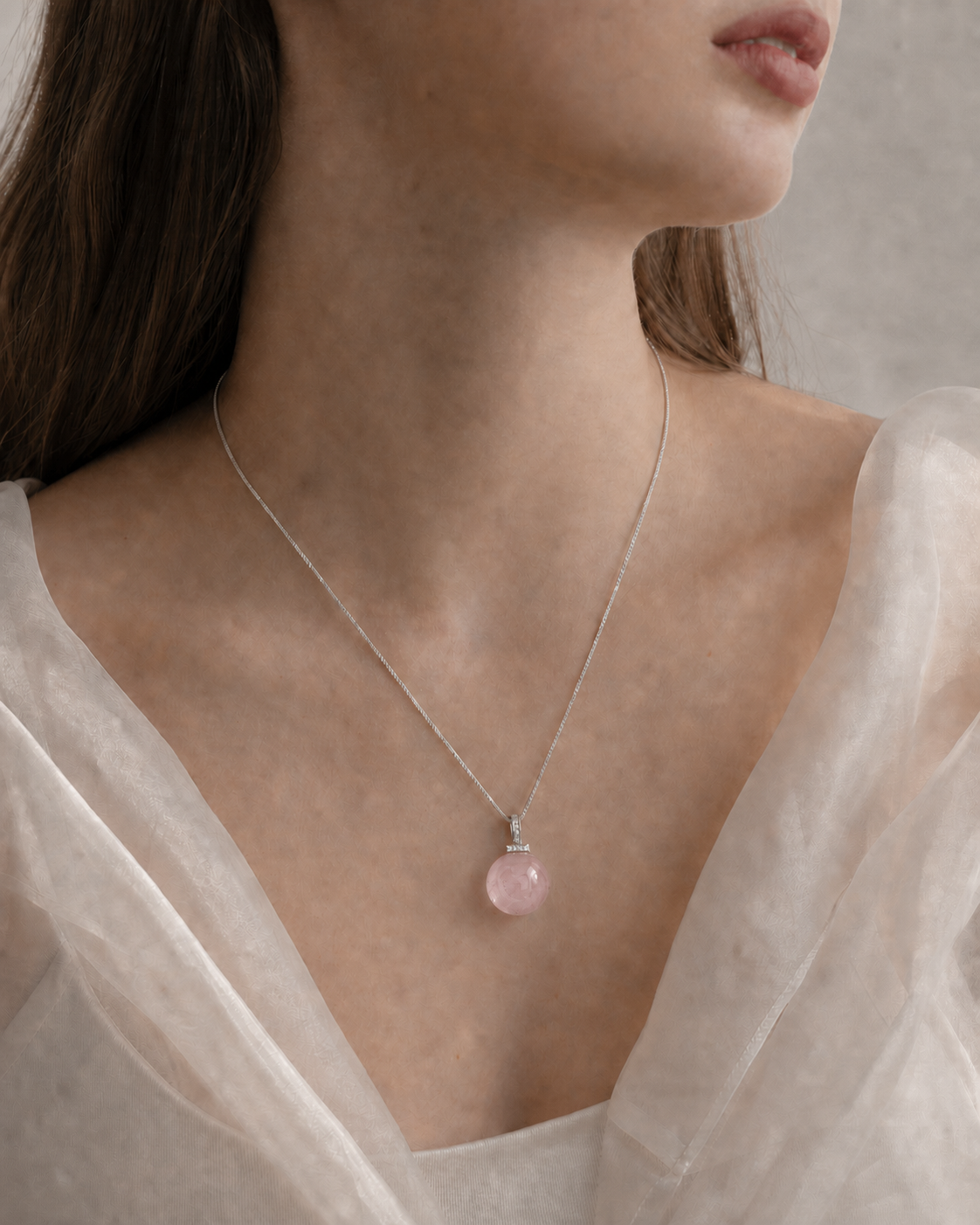 Rose Quartz interchangeable pendant necklace, worn styling view
