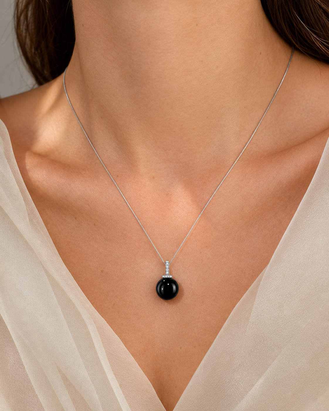 Black Obsidian interchangeable pendant necklace, worn styling view