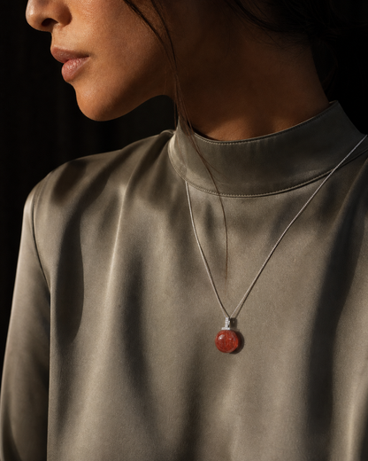 Red Rabbit Hair Quartz interchangeable pendant necklace, worn styling view
