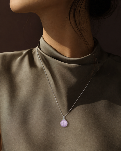 Kunzite interchangeable pendant necklace, worn styling view