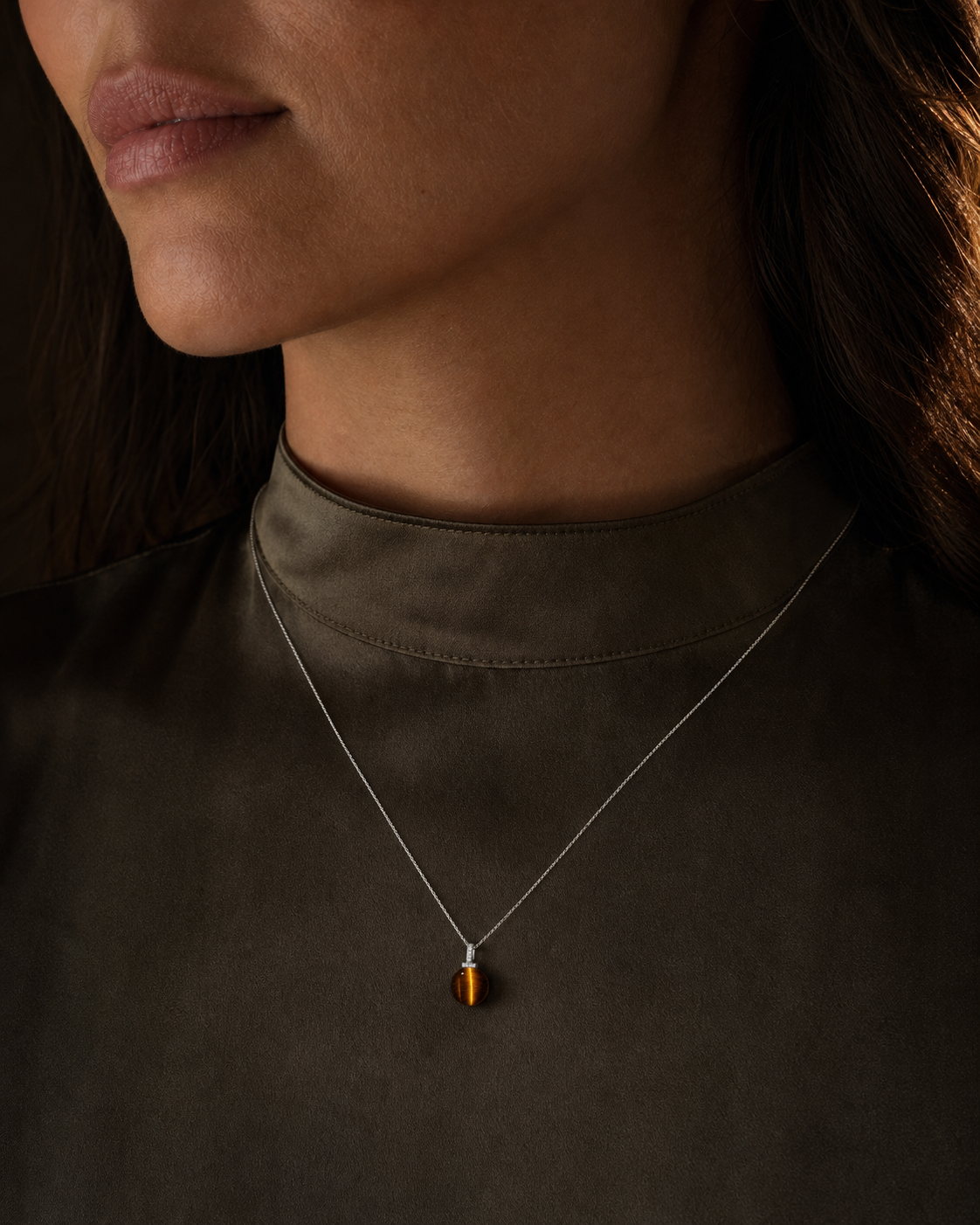 Yellow Tiger’s Eye interchangeable pendant necklace, worn styling view
