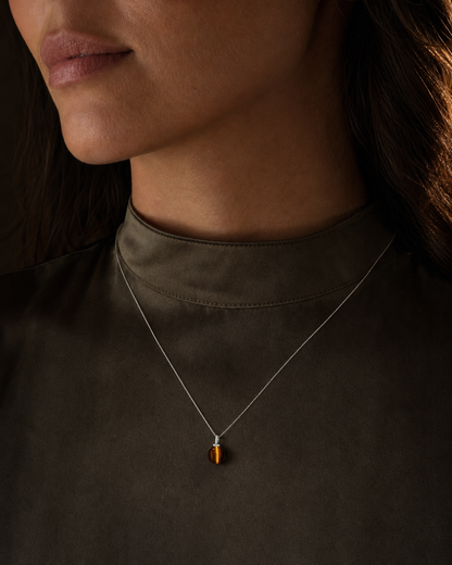 Yellow Tiger’s Eye interchangeable pendant necklace, worn styling view