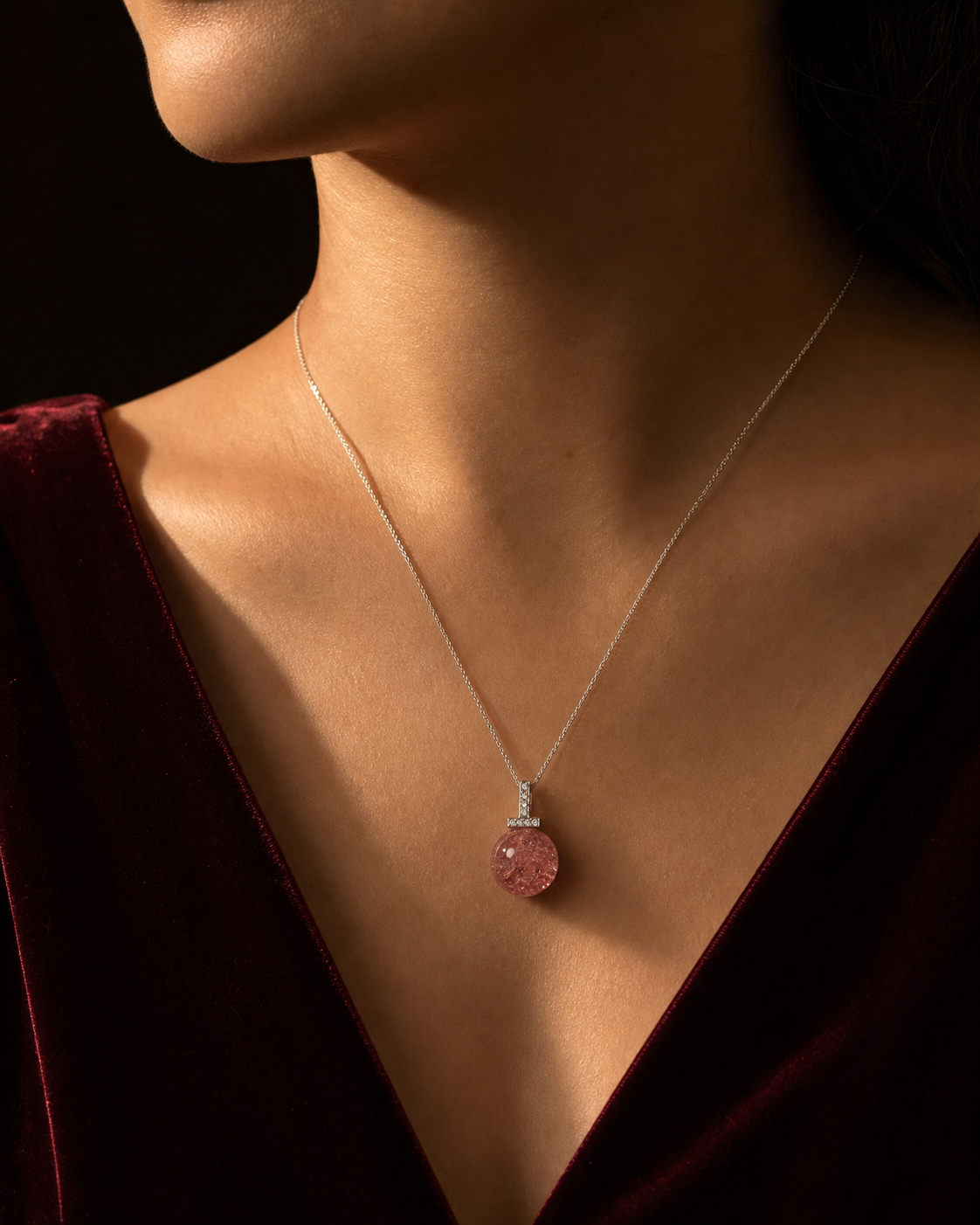 Strawberry Quartz interchangeable pendant necklace, worn styling view