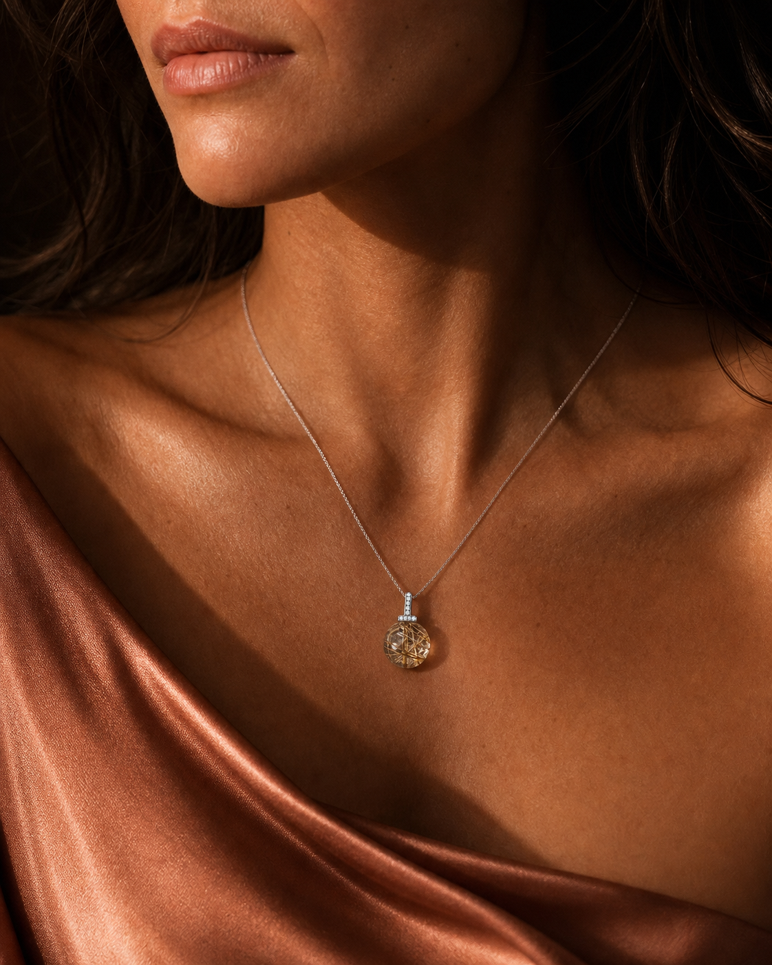 Golden Rutilated Quartz interchangeable pendant necklace, worn styling view