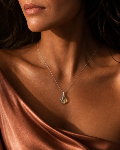 Golden Rutilated Quartz interchangeable pendant necklace, worn styling view