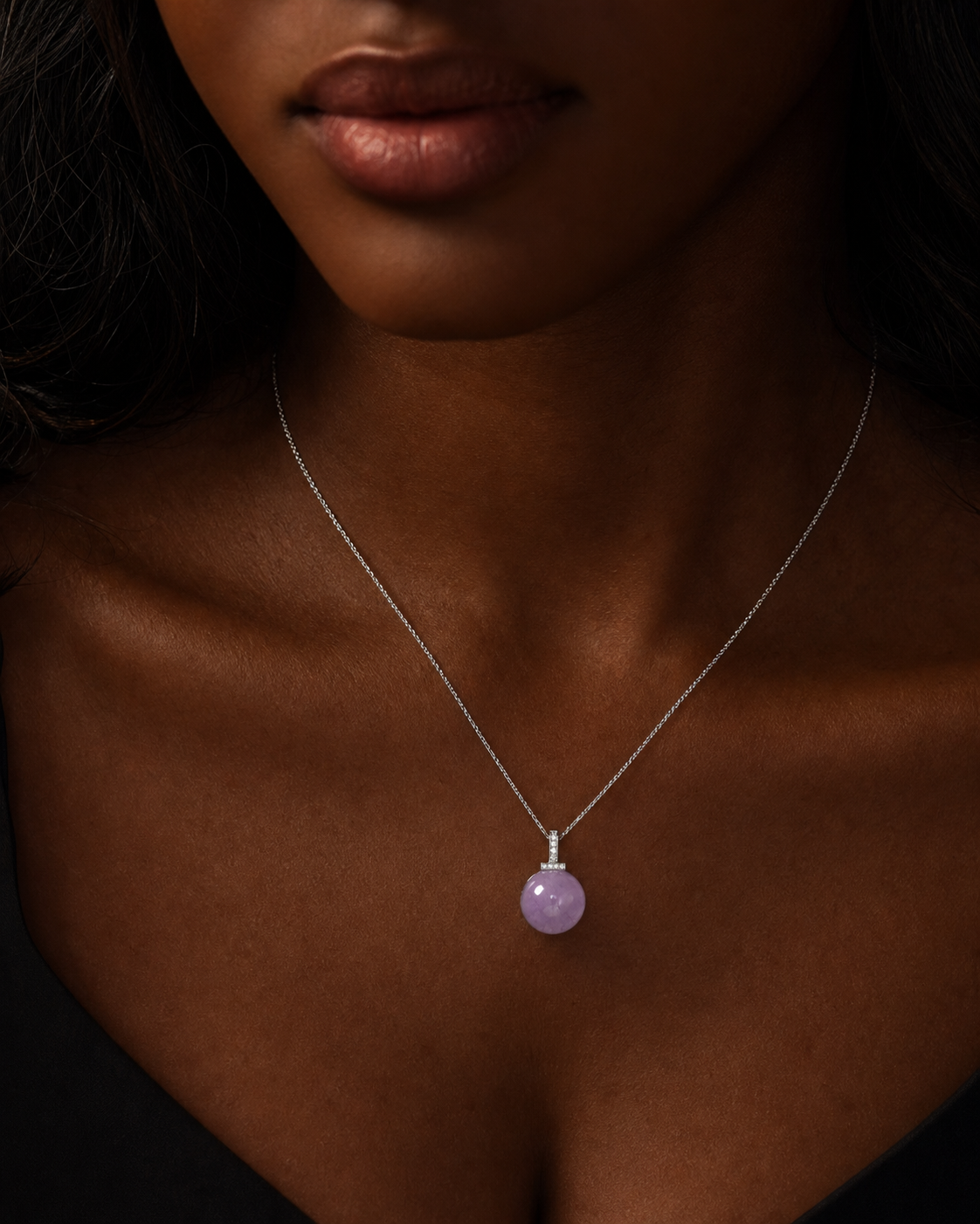 Bolivian Amethyst interchangeable pendant necklace, worn styling view