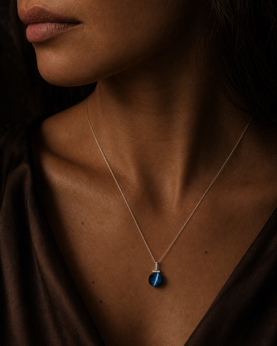Blue Tiger’s Eye interchangeable pendant necklace, worn styling view