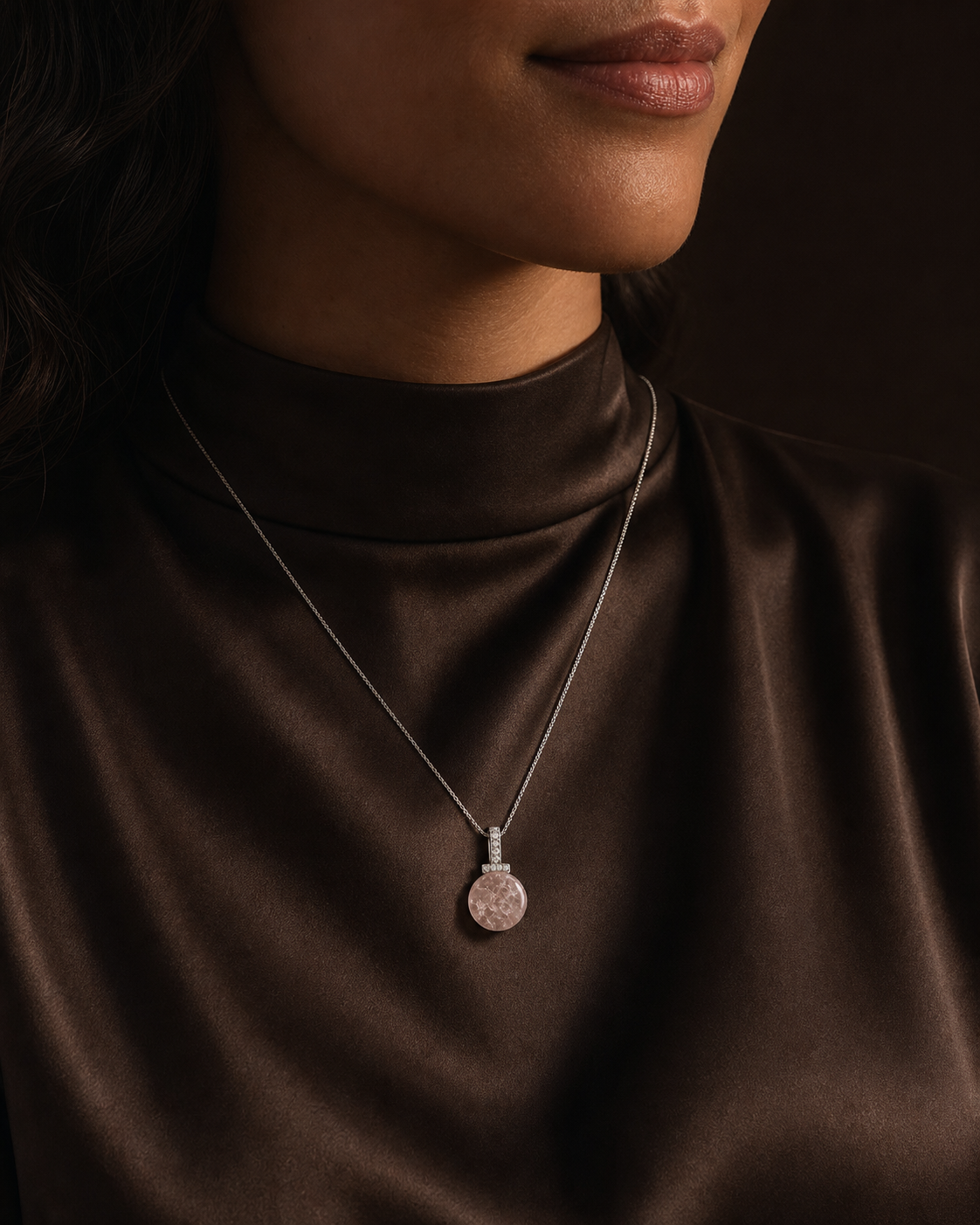 Snow Phantom Quartz interchangeable pendant necklace, worn styling view
