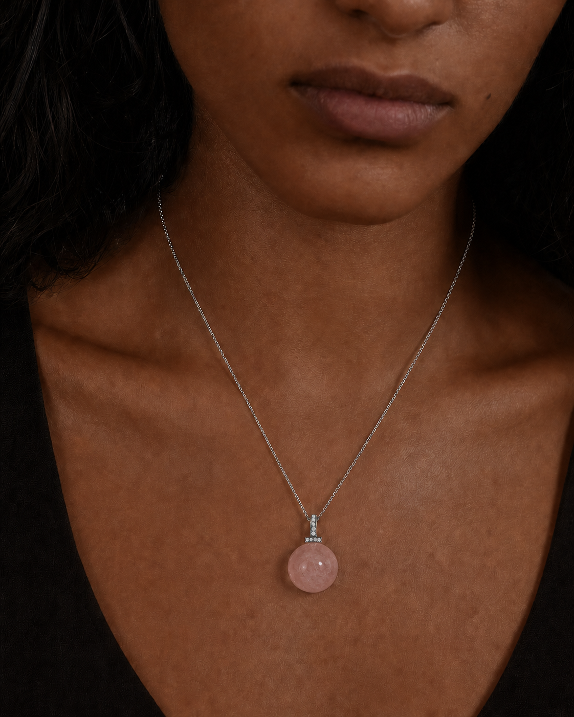 Rose Quartz interchangeable pendant necklace, worn styling view