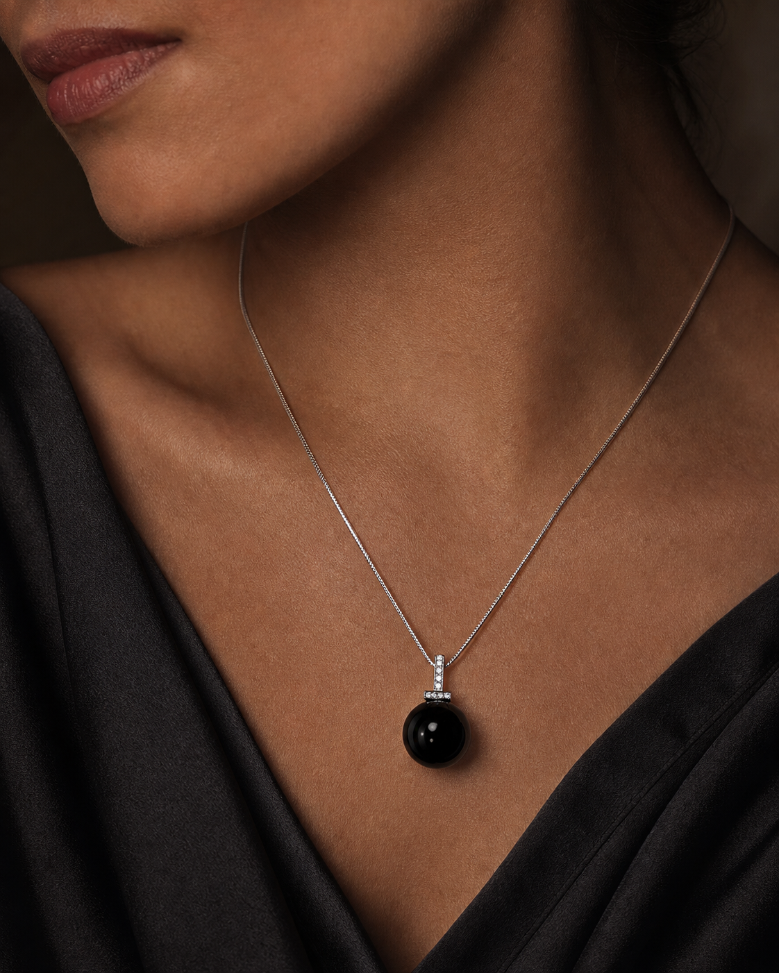 Black Obsidian interchangeable pendant necklace, worn styling view