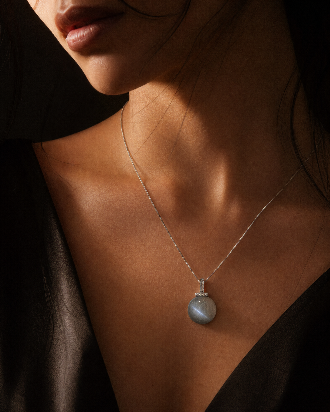 Gray Moonstone interchangeable pendant necklace, worn styling view