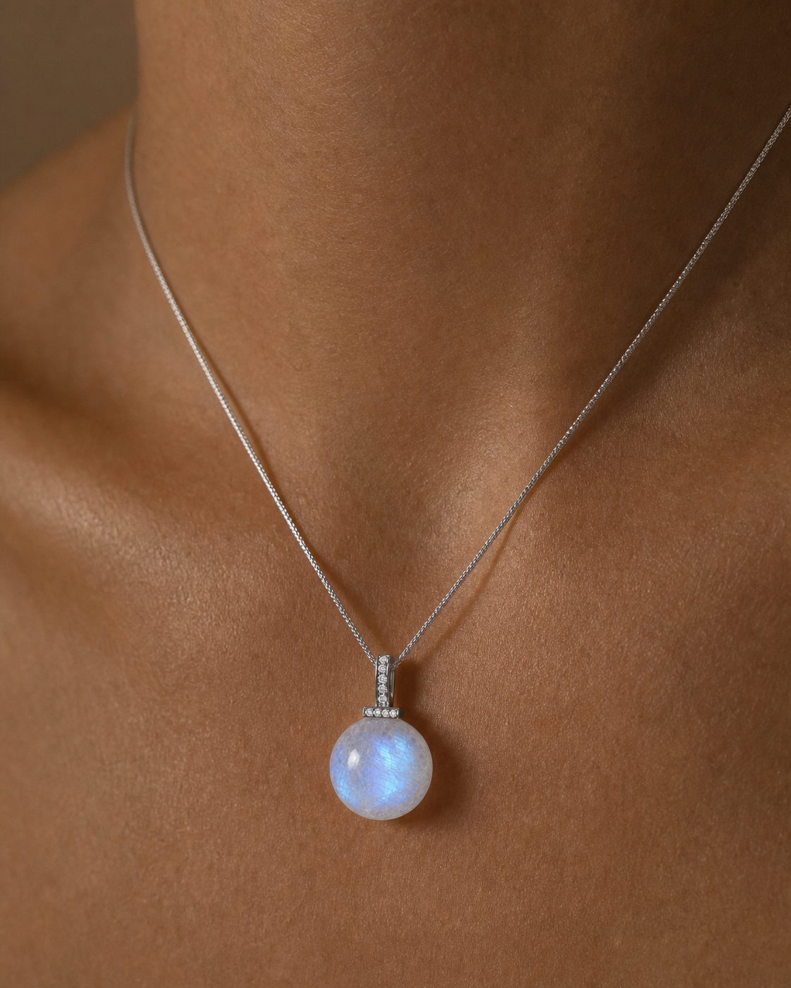 Blue Moonstone interchangeable pendant necklace, worn styling view