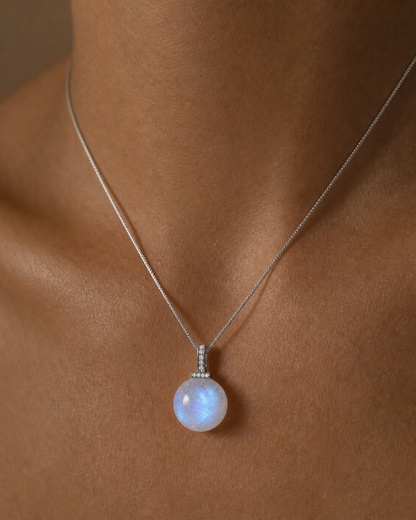 Blue Moonstone interchangeable pendant necklace, worn styling view