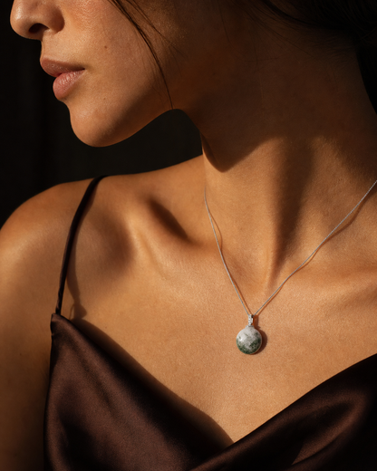 Green Phantom Quartz interchangeable pendant necklace, worn styling view