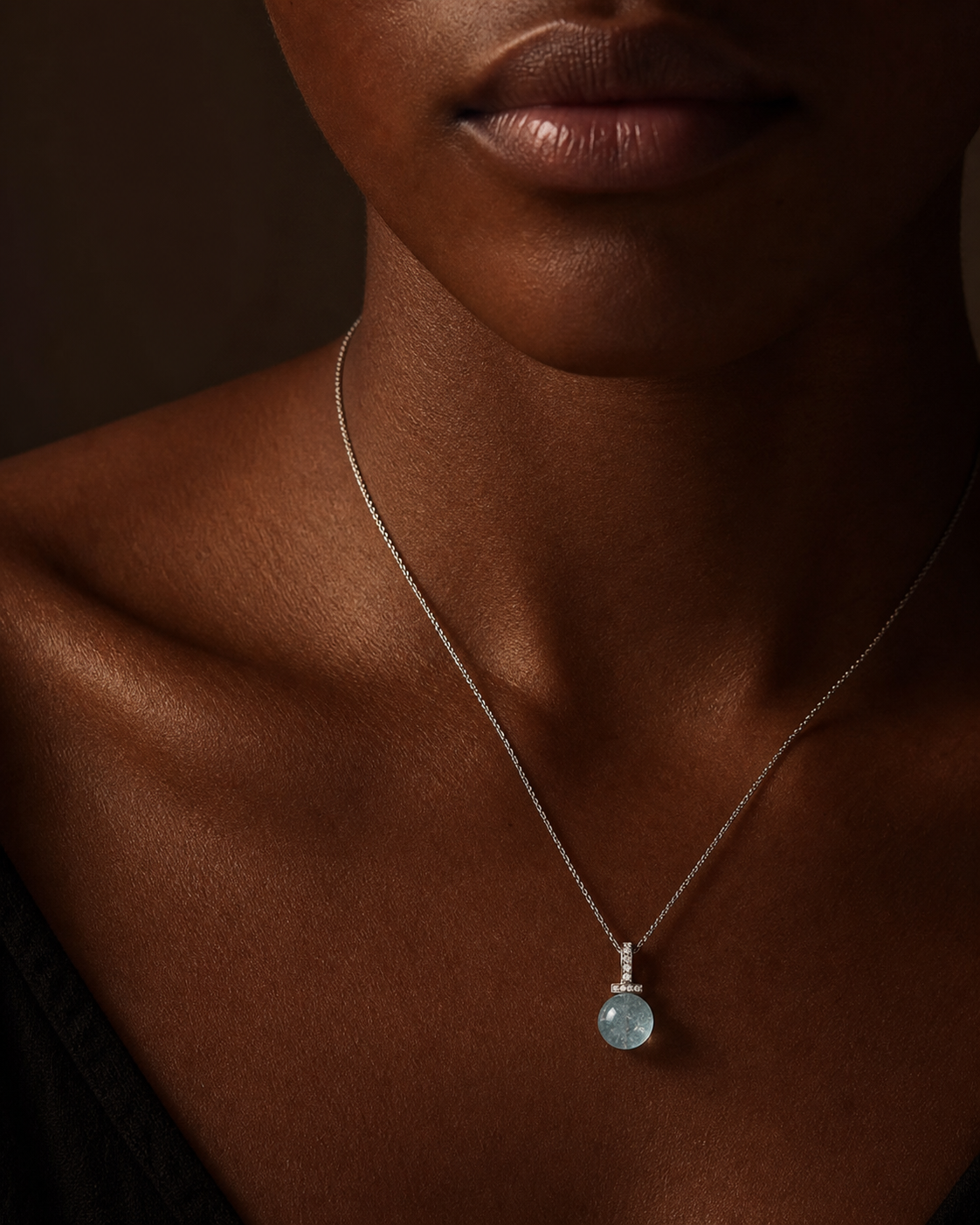 Aquamarine interchangeable pendant necklace, worn styling view