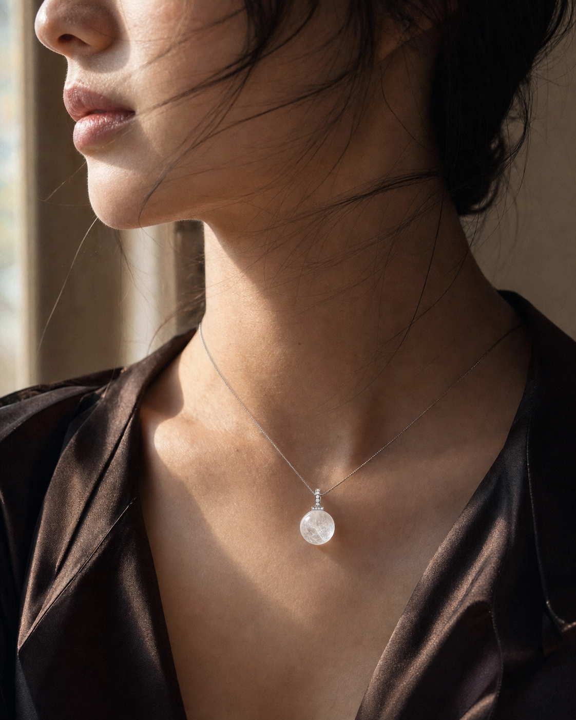 White Phantom Quartz interchangeable pendant necklace, worn styling view