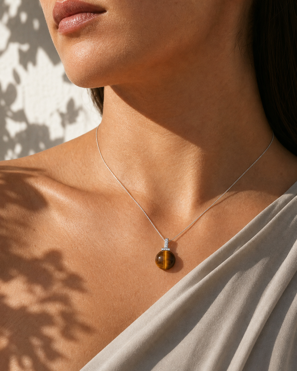 Yellow Tiger’s Eye interchangeable pendant necklace, worn styling view