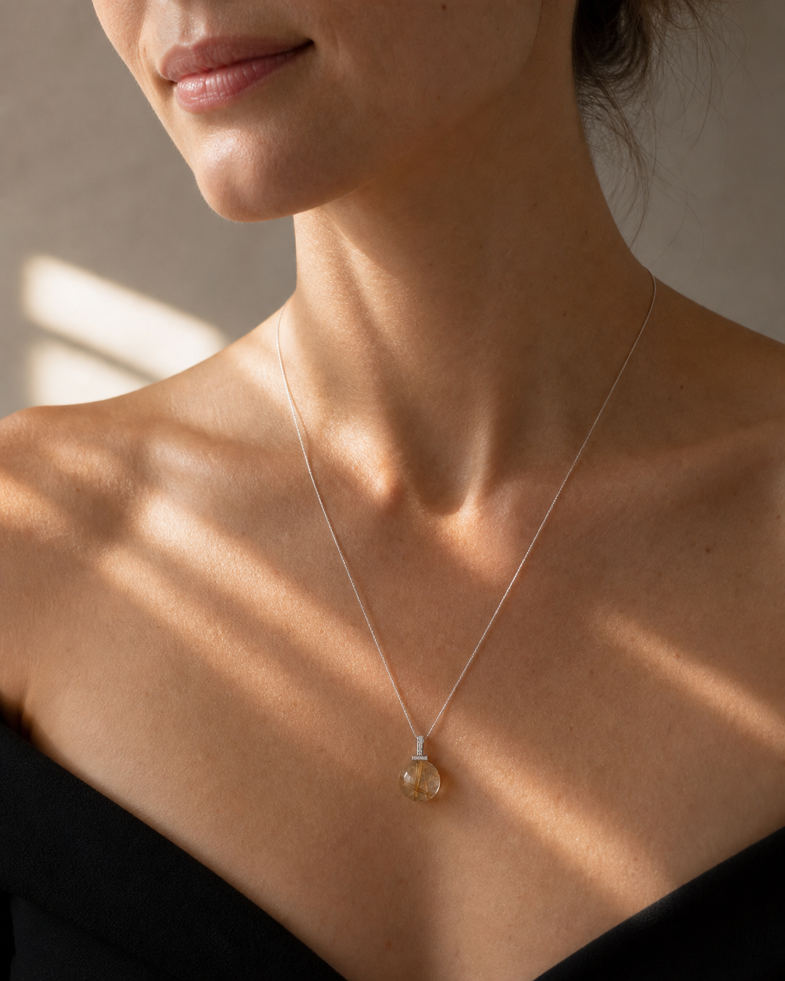 Golden Rutilated Quartz interchangeable pendant necklace, worn styling view